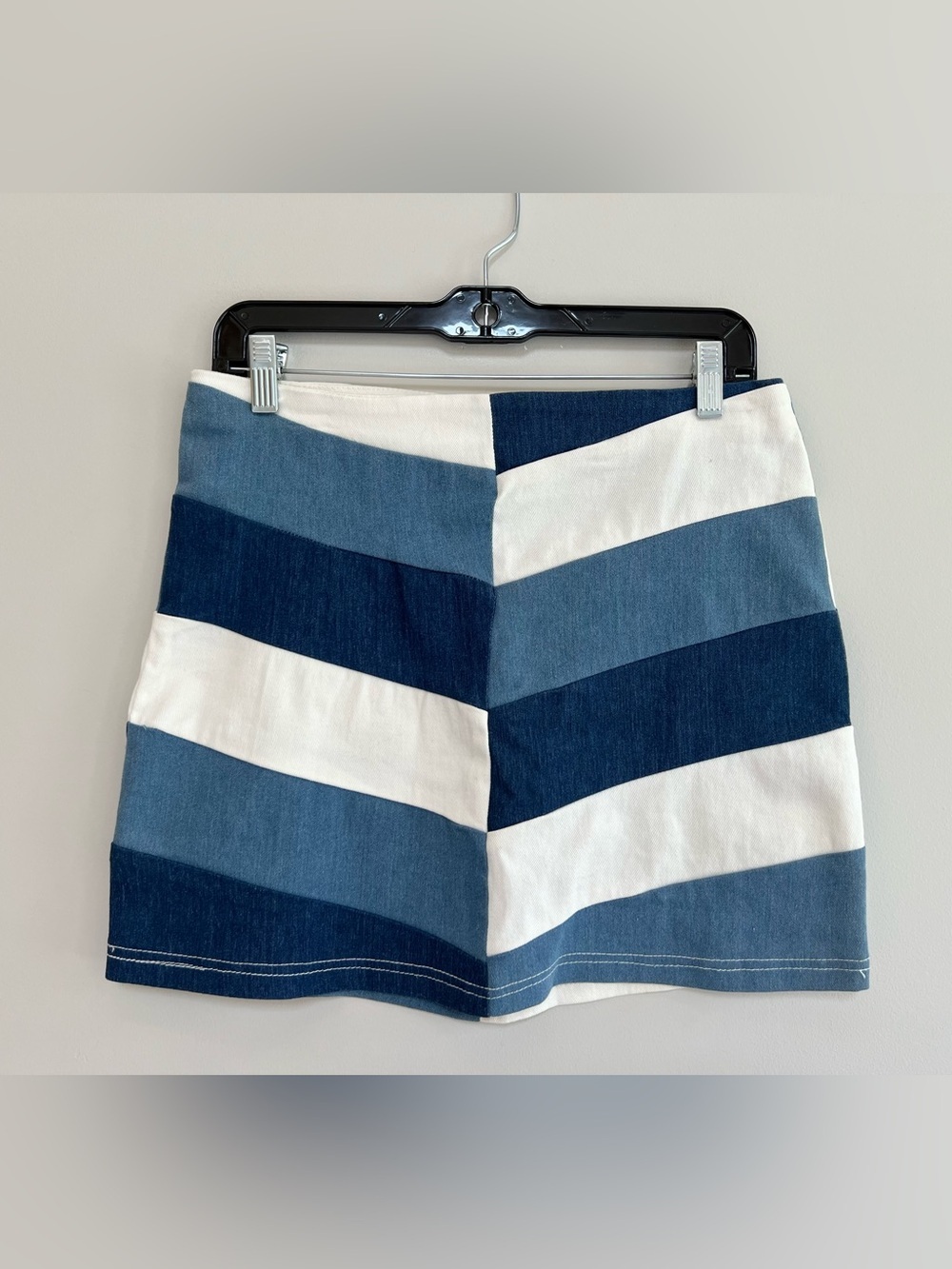Altar’d State Chevron Striped Patchwork Blue Denim Cotton Mini Skirt, sz Medium